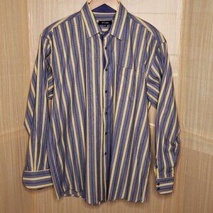 Bogari Mens Blue Yellow Striped Long Sleeve Button Down Shirt XL